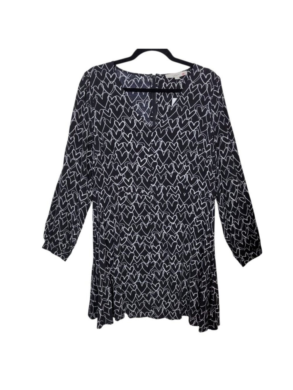 LOFT Heart Print V-Neck Mini Flare Baby Doll Dress Black Sz 12 NWT Bus Cas